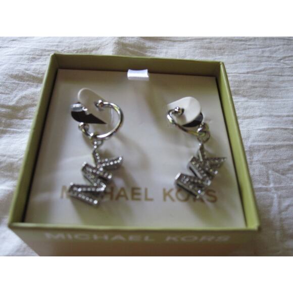NEW Silver-plated Michael Kors Hoop Earrings and MK Crystal Logo dangle Stunning - Picture 7 of 9